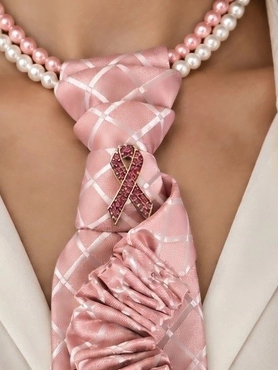 Handmade Accessories - Ribbon of Hope – Handmade Necktie Necklace w/Pearls, Breast Cancer Awareness